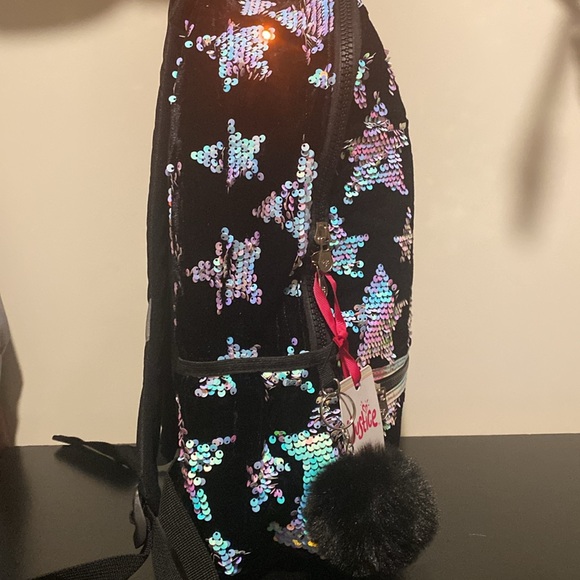 Justice Girls 17" Backpack Black Velvet Iridescent Sequins Stars Pattern Pom Pom - Picture 4 of 5